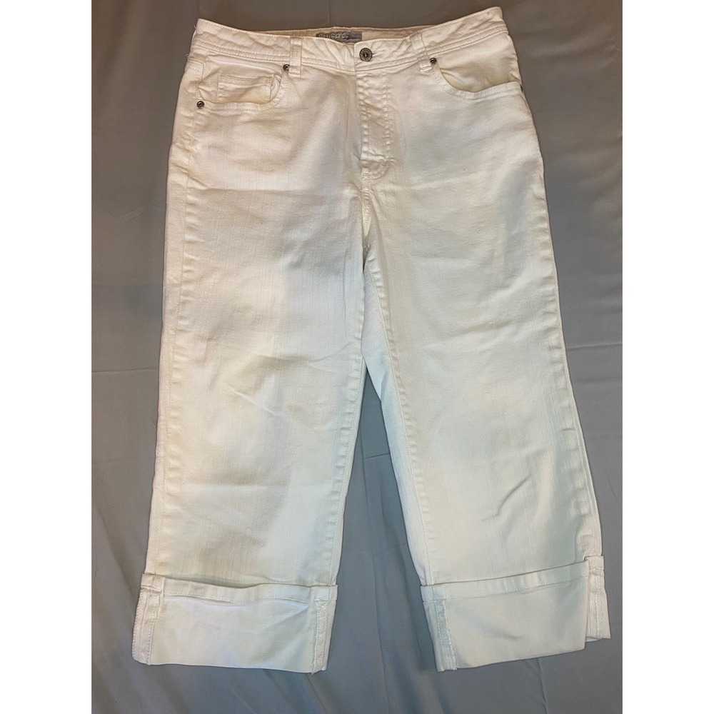 Chico's Platinum Crop Jeans Women's Size 2/L/12 White Cuffed Straight Leg Denim